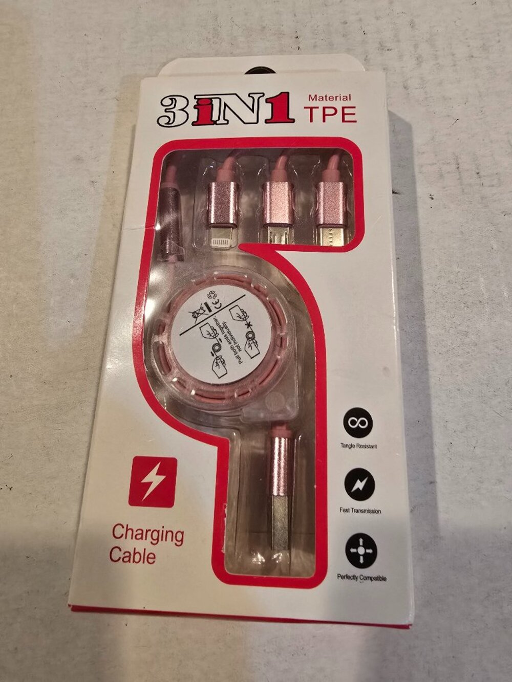 Charging Cord 3-in-I Pink Quick Data Cable USB 3.0-compatible port NEW in Box
